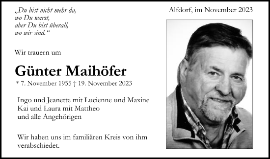 Traueranzeige von Günter Maihöfer von Gmünder Tagespost