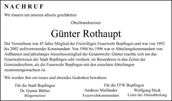 Traueranzeige von Günter Rothaupt von Bopfinger Stadtanzeiger