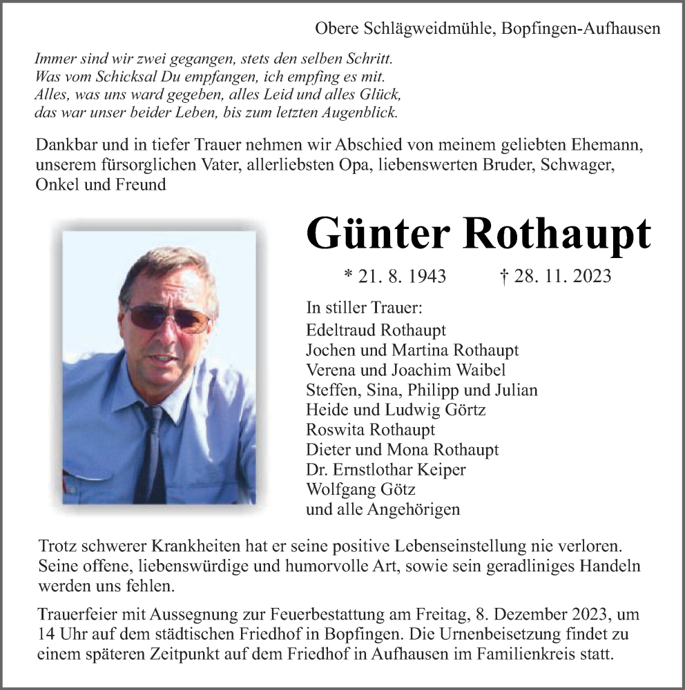  Traueranzeige für Günter Rothaupt vom 01.12.2023 aus Schwäbische Post
