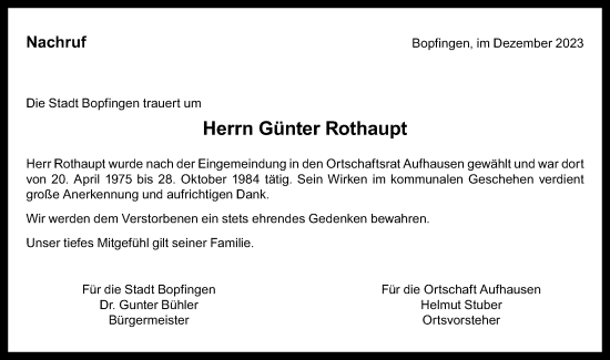 Traueranzeige von Günter Rothaupt von Bopfinger Stadtanzeiger