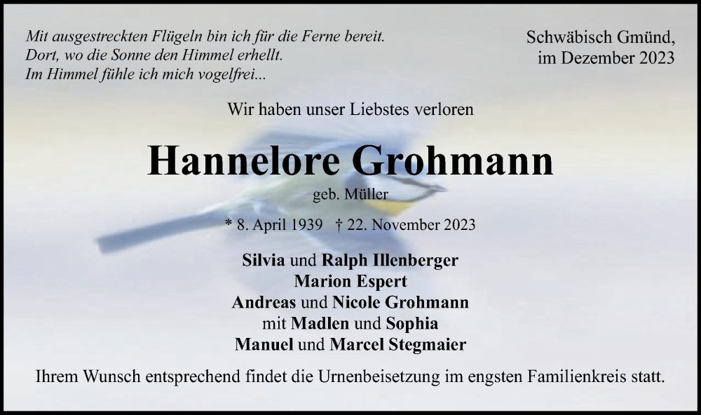  Traueranzeige für Hannelore Grohmann vom 15.12.2023 aus Gmünder Tagespost