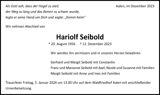 Traueranzeige von Hariolf Seibold von Schwäbische Post