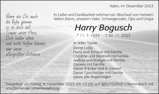 Traueranzeige von Harry Bogusch von Schwäbische Post