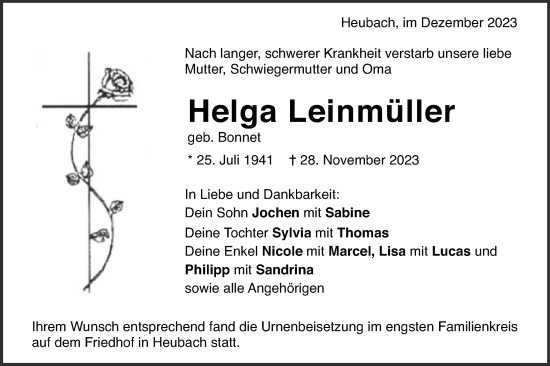 Traueranzeige von Helga Leinmüller von Gmünder Tagespost