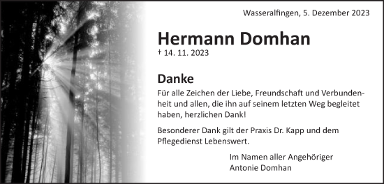 Traueranzeige von Hermann Domhan von Schwäbische Post