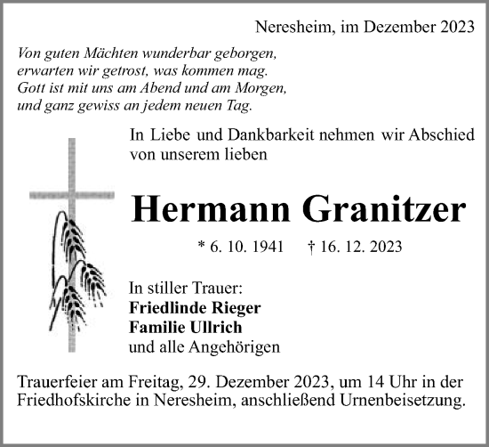 Traueranzeige von Hermann Granitzer von Schwäbische Post