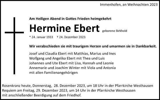 Traueranzeige von Hermine Ebert von Schwäbische Post