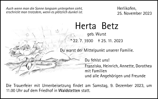 Traueranzeige von Herta Betz von Gmünder Tagespost