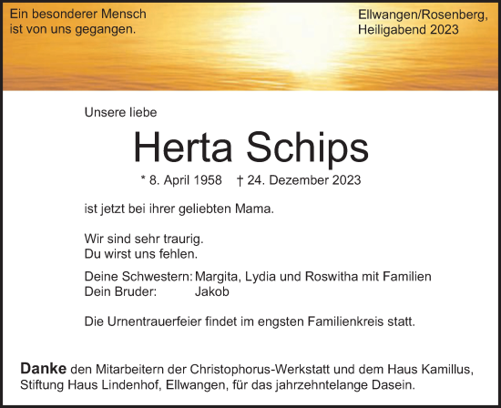 Traueranzeige von Herta Schips von Schwäbische Post