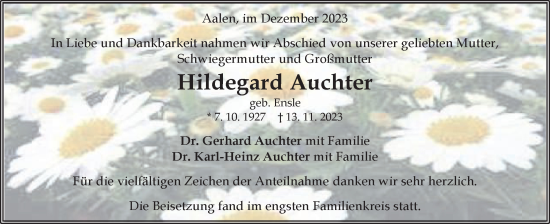 Traueranzeige von Hildegard Auchter von Schwäbische Post
