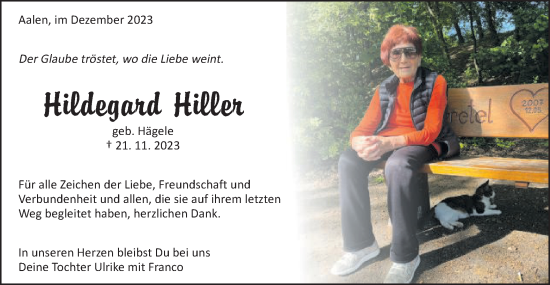 Traueranzeige von Hildegard Hiller von Schwäbische Post