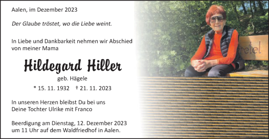 Traueranzeige von Hildegard Hiller von Schwäbische Post