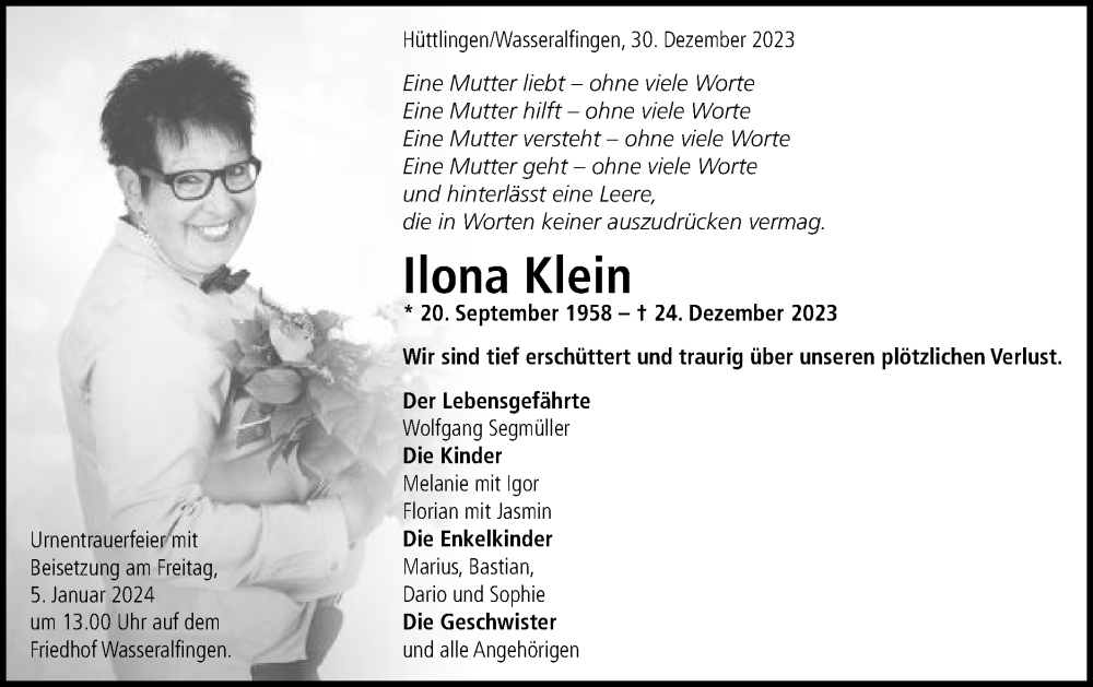  Traueranzeige für Ilona Klein vom 30.12.2023 aus Schwäbische Post
