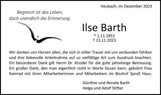 Traueranzeige von Ilse Barth von Gmünder Tagespost