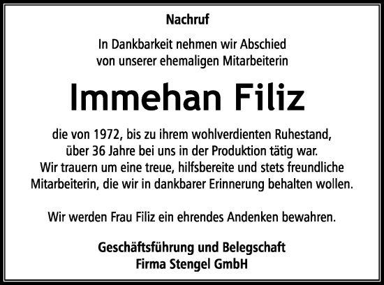 Traueranzeige von Immehan Filiz von Schwäbische Post