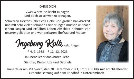 Traueranzeige von Ingeborg Kolb von Schwäbische Post