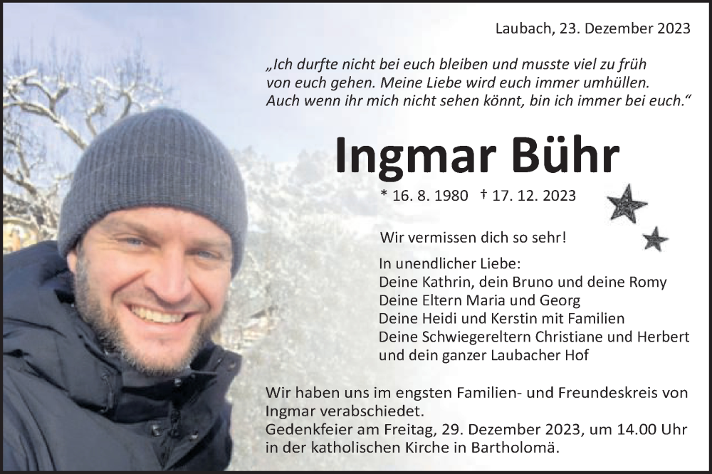  Traueranzeige für Ingmar Bühr vom 23.12.2023 aus Schwäbische Post