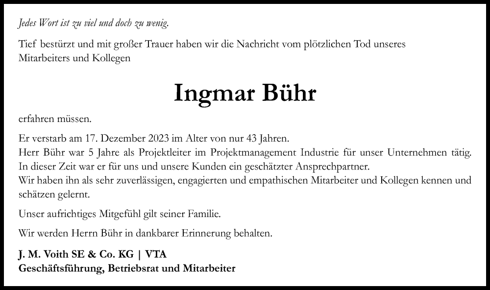  Traueranzeige für Ingmar Bühr vom 27.12.2023 aus Gmünder Tagespost