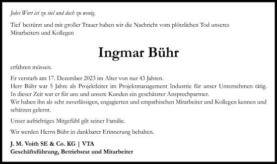 Traueranzeige von Ingmar Bühr von Gmünder Tagespost