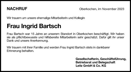 Traueranzeige von Ingrid Bartsch von Schwäbische Post