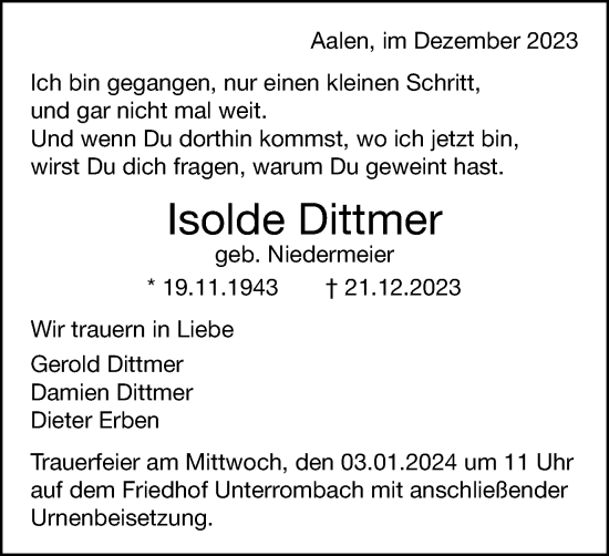 Traueranzeige von Isolde Dittmer von Schwäbische Post