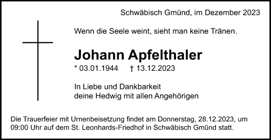 Traueranzeige von Johann Apfelthaler von Gmünder Tagespost