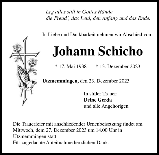 Traueranzeige von Johann Schicho von Schwäbische Post
