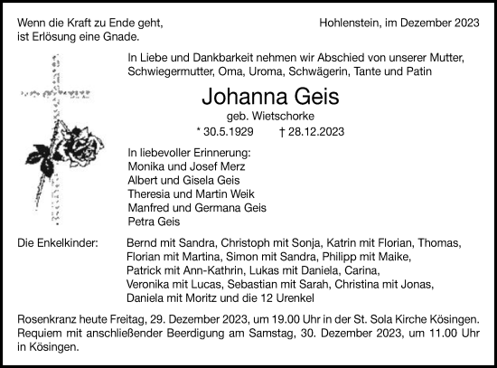 Traueranzeige von Johanna Geis von Schwäbische Post
