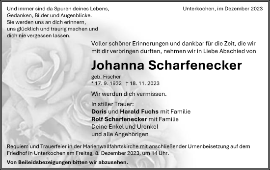 Traueranzeige von Johanna Scharfenecker von Schwäbische Post