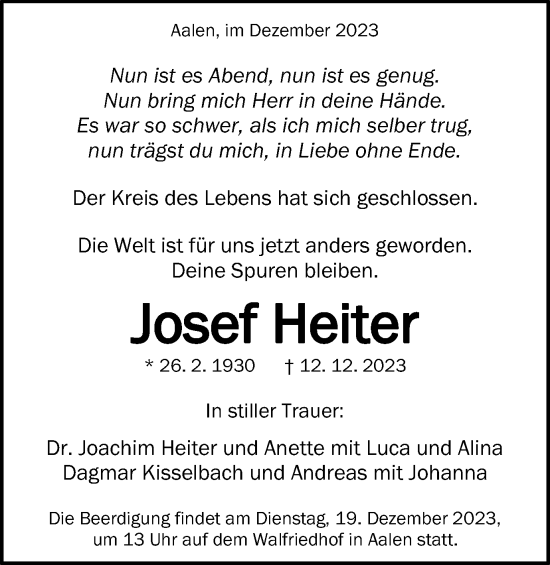Traueranzeige von Josef Heiter von Schwäbische Post