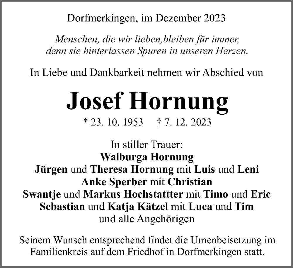  Traueranzeige für Josef Hornung vom 12.12.2023 aus Schwäbische Post