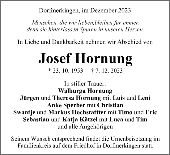 Traueranzeige von Josef Hornung von Schwäbische Post