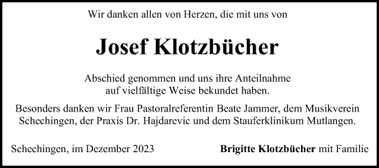 Traueranzeige von Josef Klotzbücher von Gmünder Tagespost