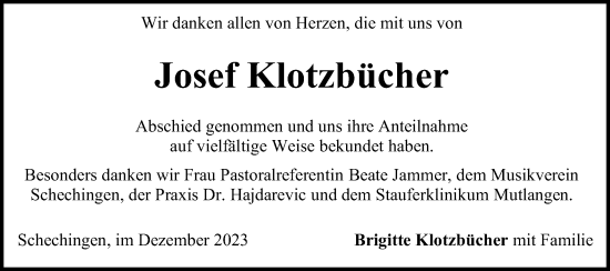 Traueranzeige von Josef Klotzbücher