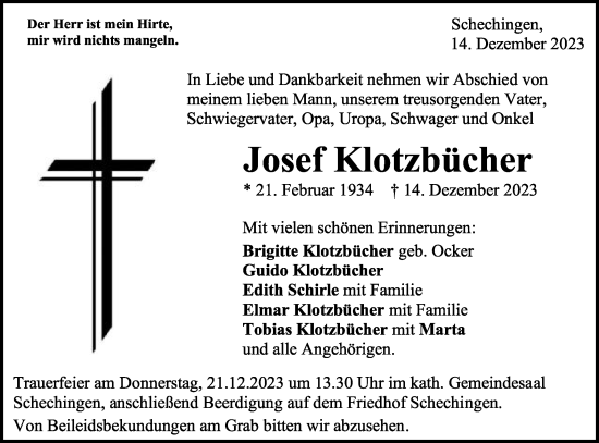 Traueranzeige von Josef Klotzbücher von Gmünder Tagespost