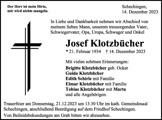 Traueranzeige von Josef Klotzbücher