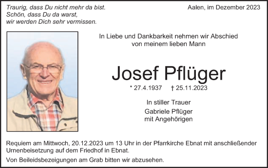 Traueranzeige von Josef Pflüger von Schwäbische Post