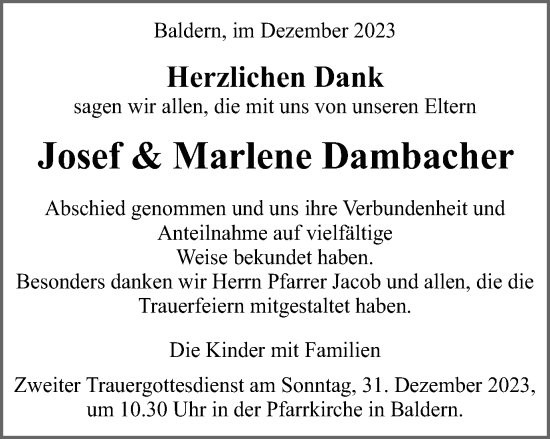 Traueranzeige von Josef und Marlene Dambacher von Schwäbische Post