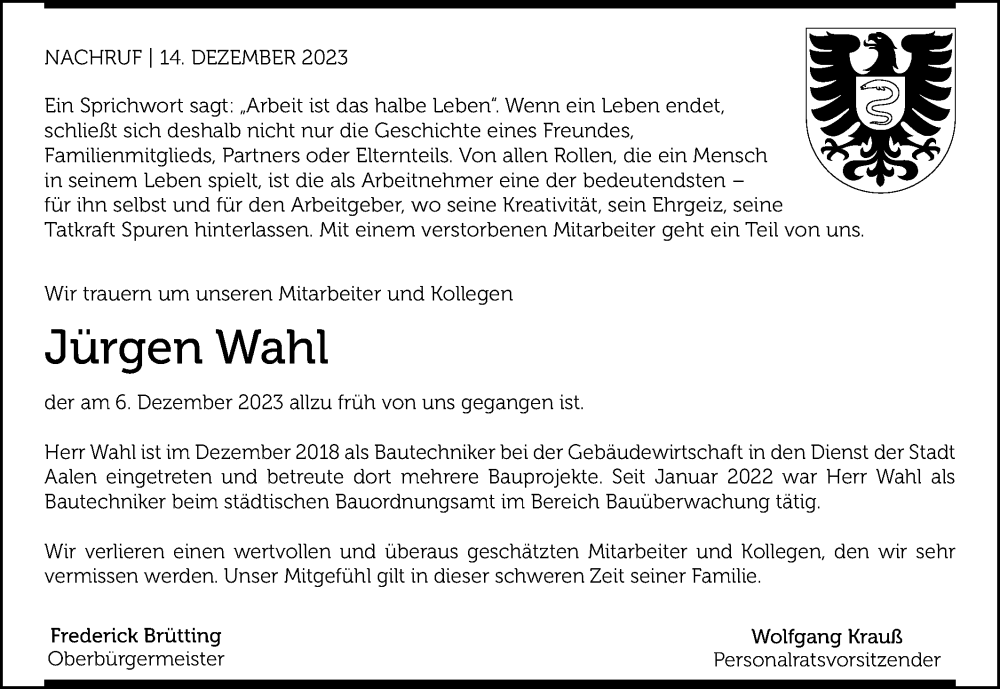  Traueranzeige für Jürgen Wahl vom 14.12.2023 aus Schwäbische Post