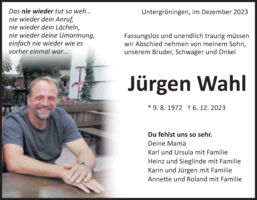  Traueranzeige für Jürgen Wahl vom 14.12.2023 aus Schwäbische Post