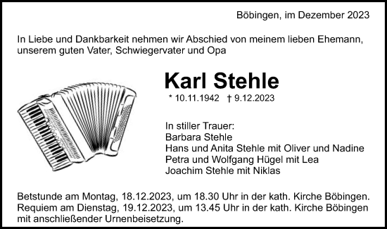 Traueranzeige von Karl Stehle von Gmünder Tagespost