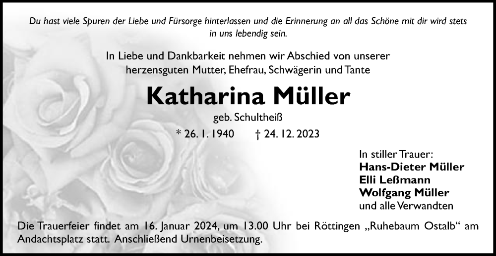  Traueranzeige für Katharina Müller vom 29.12.2023 aus Schwäbische Post