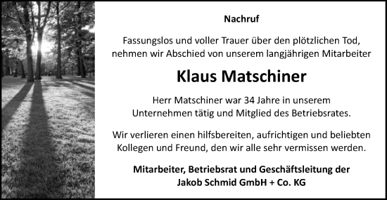 Traueranzeige von Klaus Matschiner von Schwäbische Post