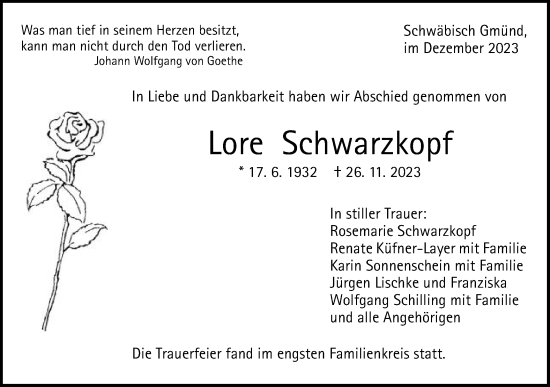 Traueranzeige von Lore Schwarzkopf von Gmünder Tagespost