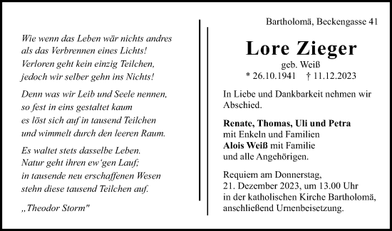 Traueranzeige von Lore Zieger von Schwäbische Post