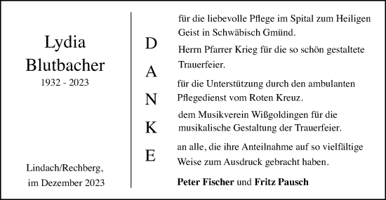 Traueranzeige von Lydia Blutbacher von Gmünder Tagespost