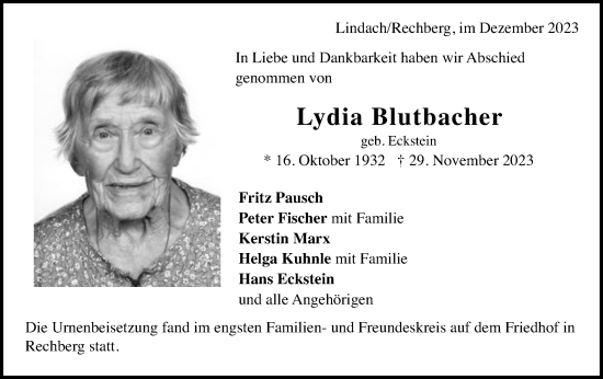 Traueranzeige von Lydia Blutbacher von Gmünder Tagespost