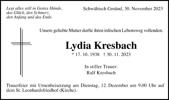 Traueranzeige von Lydia Kresbach