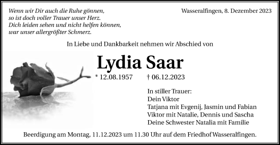 Traueranzeige von Lydia Saar von Schwäbische Post