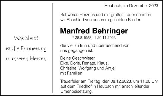 Traueranzeige von Manfred Behringer von Gmünder Tagespost